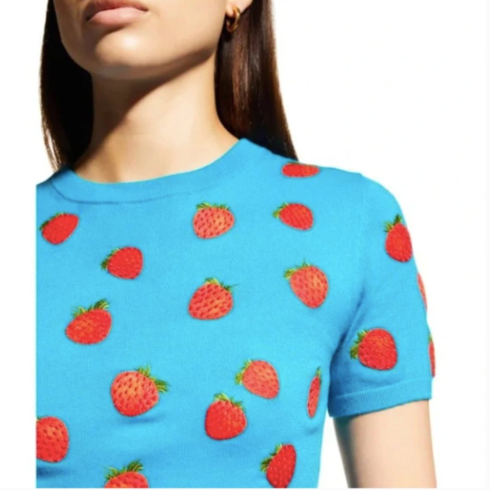Alice + Olivia | Ciara Embroidered Strawberry Cropped Sweater (Ocean Blu…
